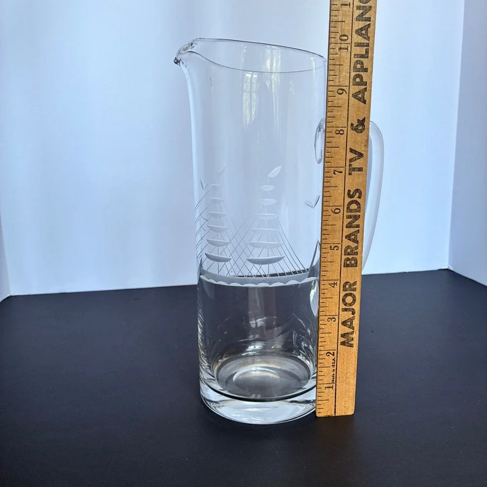 MidCentury Glass Pitcher Etched Sailboat Nautical Coastal Barware Maritime Beach